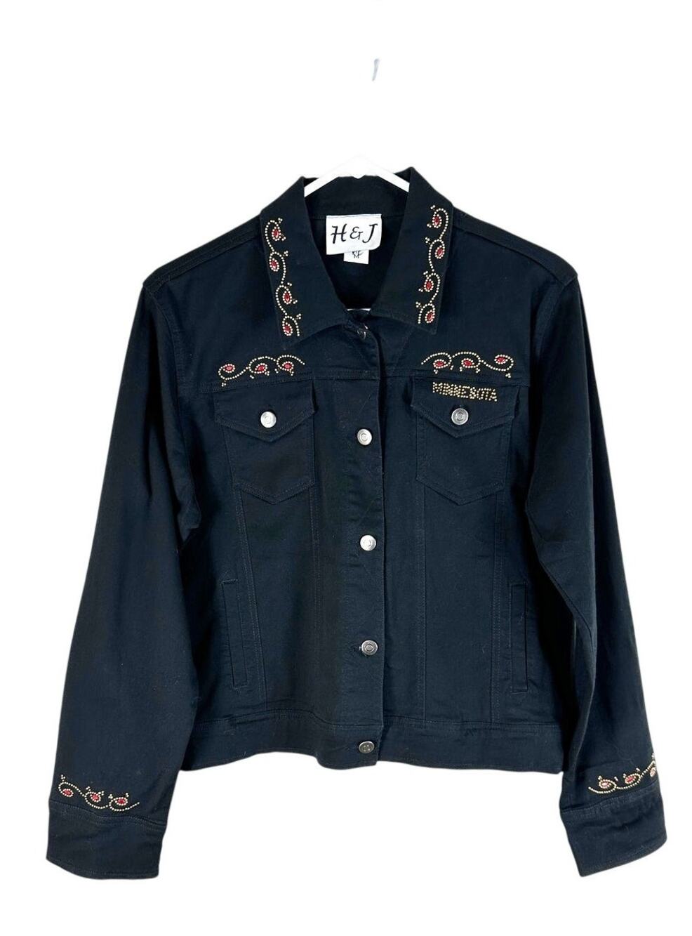 H&J Black Western Denim Jacket Rhinestone Studded Embellished Size M
